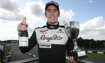 Daniel Erickson accpeting his first placed trophy at Donington last year in the British Formula Ford Championship