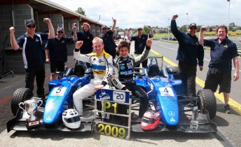 2009 F3 champs Team BRM celebrate after its success at Sandown late last year