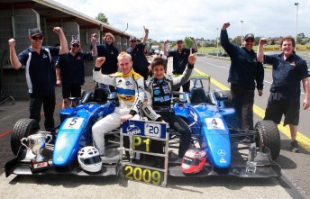 Joey Foster and Mitch Evans celebrate with Team BRM after winning the championship and the SuperPrix respectively