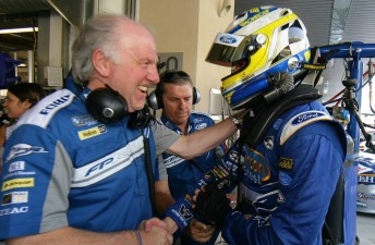 Prodrive boss David Richards congratulates Mark Winterbottom after his pole position effort