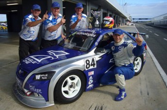 Adam Gowans and his team celebrate their Aussie Racing Car success at Phillip Island last year
