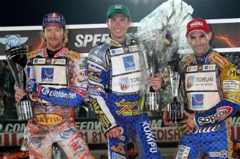 Rune Holta took out the Scandinavian Speedway Grand Prix ahead of Jason Crump (left) and Tomasz Gollob (right) in Sweden.