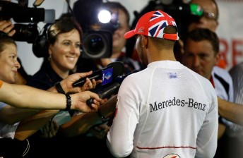 Lewis Hamilton speaking to reporters at the most recent event in Singapore