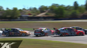 The HRT cars spin after contact between Courtney and Van Gisbergen