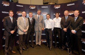 From left: Mark Skaife, Tony Cochrane and David Malone from V8 Supercars with John Crennan, Todd Kelly and Rick Kelly from Kelly Racing and Ian Moreillon and Dan Thompson from Nissan