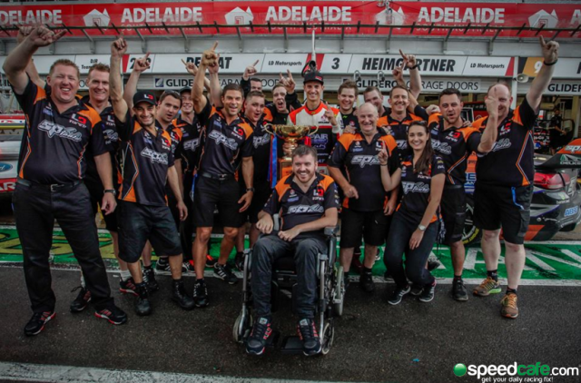 Dumbrell celebrates with his team in Adelaide