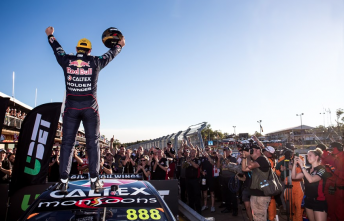 Craig Lowndes celebrating his 100th ATCC/V8 Supercars win earlier this year