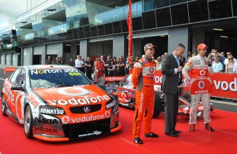 Craig Lowndes with host Mark Beretta and F1 driver Jenson Button