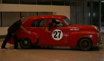 Craig Lowndes and Jamie Whincup with the historic 48-215 at Holden