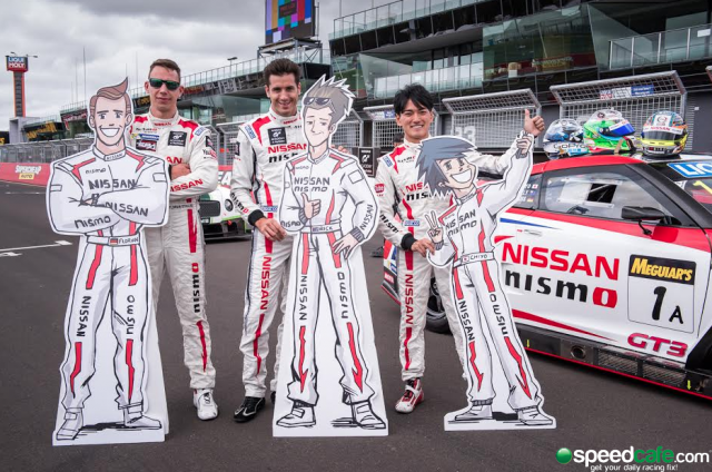 Nissan drivers Strauss, Kelly and Chiyo pose on the Bathurst grid