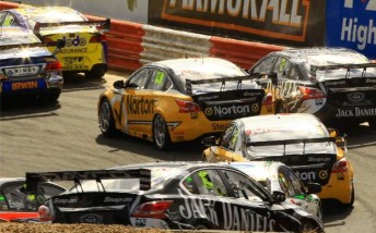 Moffat trails Holdsworth in the tight Symmons Plains pack yesterday