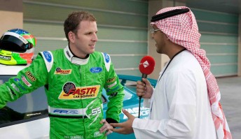 Paul Dumbrell speaks to the local media at the Yas Marina Circuit