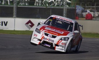 Jack Perkins steers the #14 Toyota Aussie Racer (on two wheels!) in Adelaide recently 