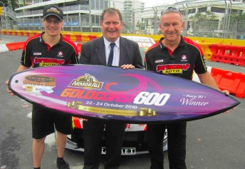 Jack Perkins, Queensland Sports minister Phil Reeves and Russell Ingall at the Surfers Paradise street track today