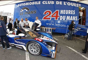 Onr of the Peugeots goes through scrutineering before the first qualifying session at Le Mans