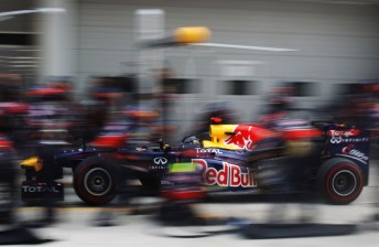 The Red Bull crew about to go to work on Sebastian Vettel