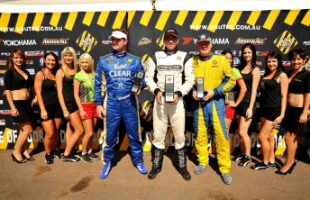 Jack Elsegood, Grant Johnson and Kim Jane celebrate on the V8 Ute podium
