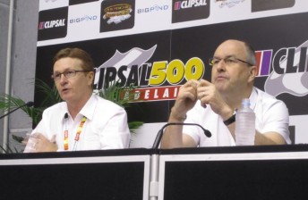 V8 Supercars chairman Tony Cochrane (left) and CEO David Malone in Adelaide today