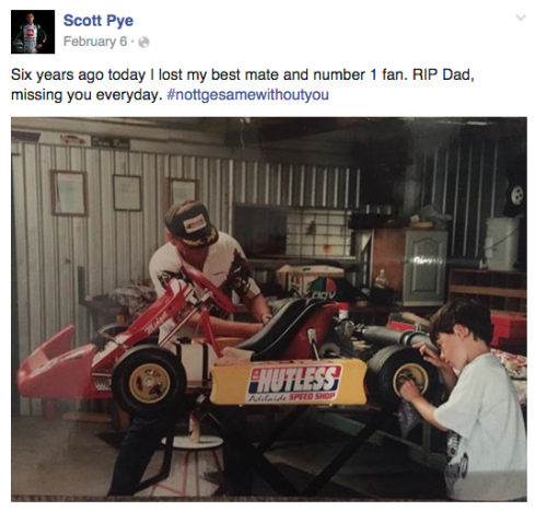 Pye recently shared this image of himself working on a kart with his late father