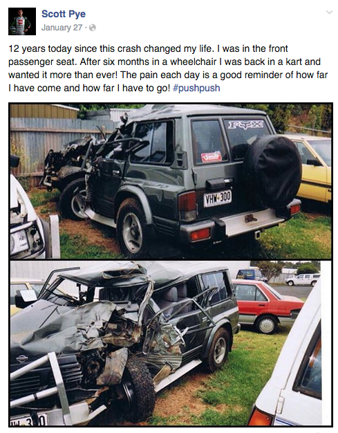 A road accident left Pye wheelchair bound for six months