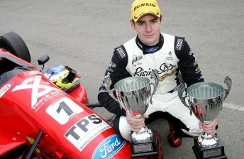 Scott Pye with his two trophies from his debut British Formula Ford round at Oulton Park