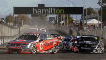 Jamie Whincup leads the pack in Hamilton today
