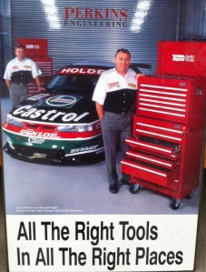 A famous LP advert inside the Moorabbin Airport workshop; Perkins and Russell Ingall starred in this Repco promotion in the late-90s.