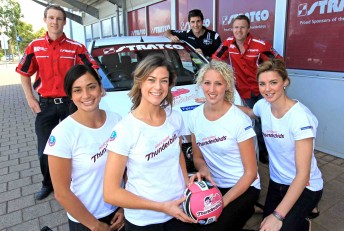 David Reynolds (left back), joined by the Adelaide Thunderbirds netball team, at the announcement of his new deal with Kelly Racing today