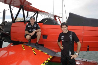 Todd and Rick Kelly pose with the Red baron seaplane in Townsville today