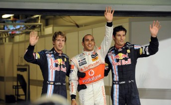 Vettel, Hamilton and Webber celebrate their top three grid places at Abu Dhabi
