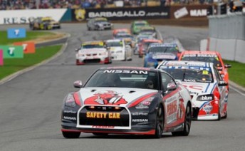 The Nissan Safety Car leads the field at Barbagallo Raceway