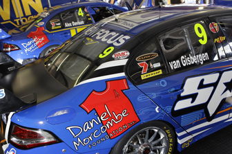 The rear doors of the Shane van Gisbergen and Alex Davison Falcons with the Daniel Morcombe Foundation logos