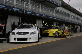 The Tekno Autosports Commodores, one of which won the Clipsal 500 on the hard tyre, in the Albert Park pitlane