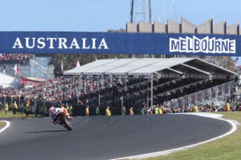 Casey Stoner racing towards his unprecedented sixth Australian MotoGP title yesterday