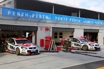 The Holden Racing Team Commodores in the Barbagallo pitlane