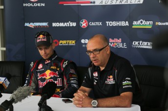 Stoner and Dane at the unveiling of the Red Bull-Pirtek Holden in Adelaide