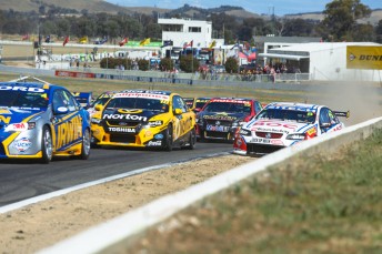 James Moffat and Jason Bright in the Turn 2 fight at Winton today