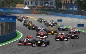 thumb Sebastian Vettel held off a challenge from Lewis Hamilton at the start of the European Grand Prix