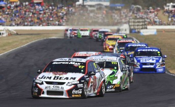 Steve Johnson leads the pack at Queensland Raceway last year
