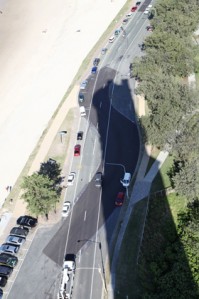 The resurfaced section of track along the beach front road