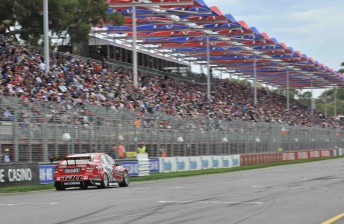 Garth Tander in front of the huge Clipsal 500 crowd