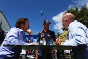 From left: Horner, Webber and team designer Adrian Newey chat earlier this year