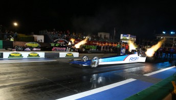 Steve Read (near lane) and Darren Morgan blast off in the Top Fuel final