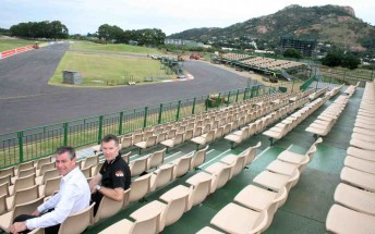 Townsville City Councillor and Chair of the Townsville 400 Festival Committee Tony Parsons and Event Manager Kim Faithfull in one of the grandstands at Reid Park