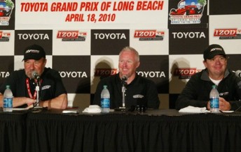 Kevin Kalkhoven, Paul Tracy and Jimmy Vasser at the announcement today