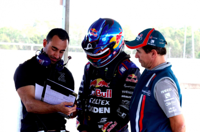 T8 engineer David Cauchi, driver Jamie Whincup and technical director Ludo Lacroix. pic: Matthew Paul Photography