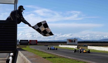 Tom Tweedie crosses the line to win the F3 Superprix at Symmons Plains today