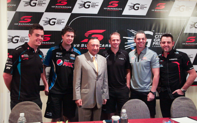 The five V8 Supercars drivers with event promoter Tunku Naquiyuddin of GT Global Race
