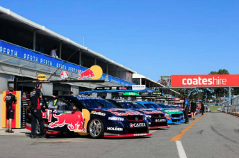 The V8 Supercars lined up for practice at Barbagallo