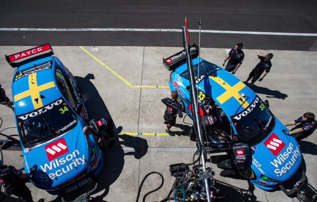 The GRM crew work on the cars of McLaughlin and team-mate David Wall